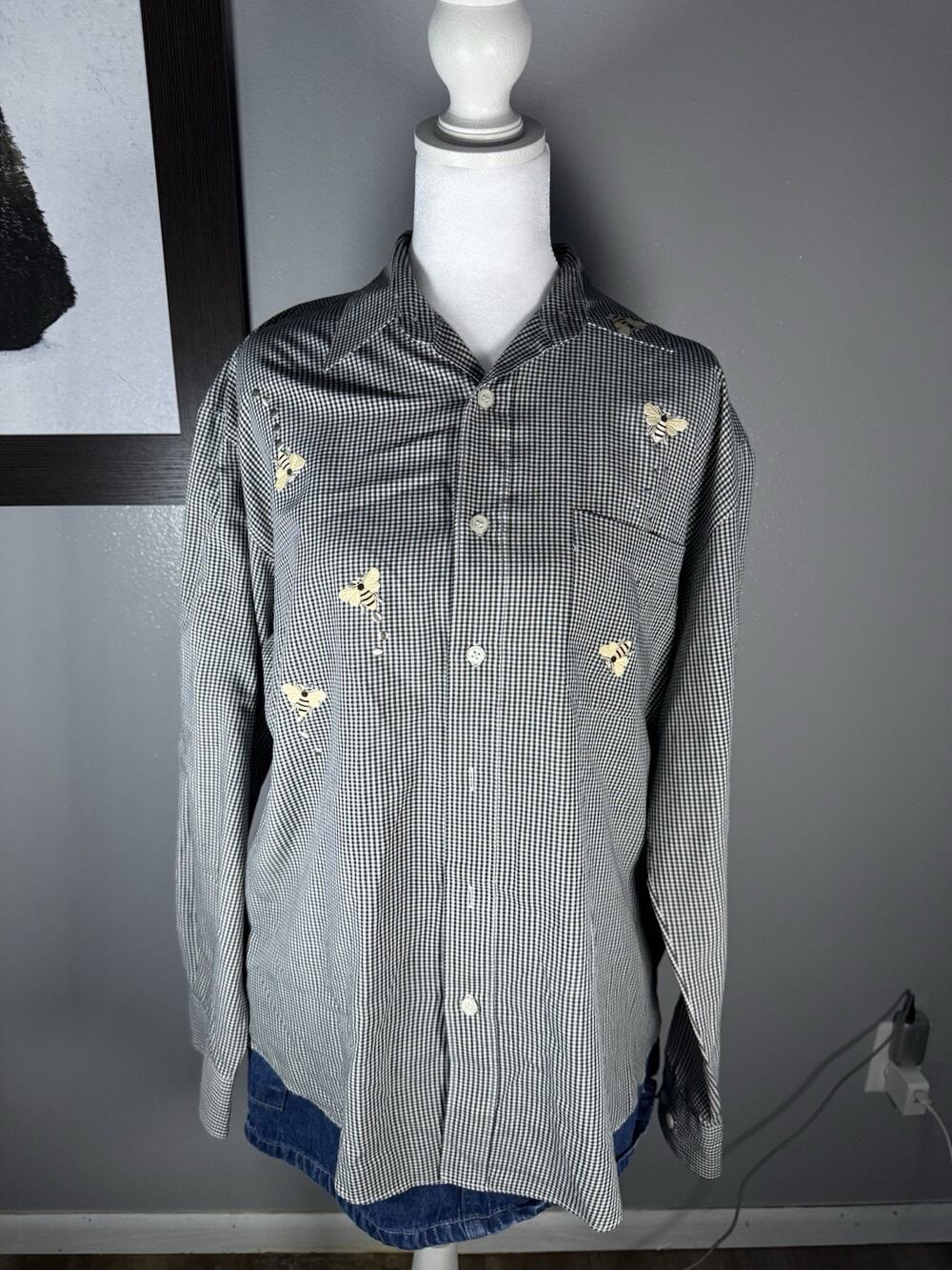 Vintage Mili Designs Black & White Gingham Bumblebee Button Down Women’s Size M